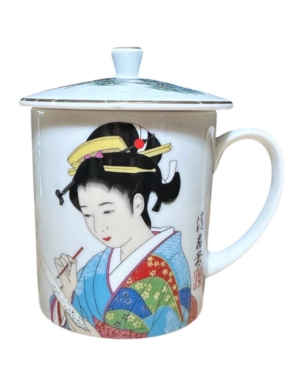 Porcelain Geisha Tea Mug with Lid - Multicolor